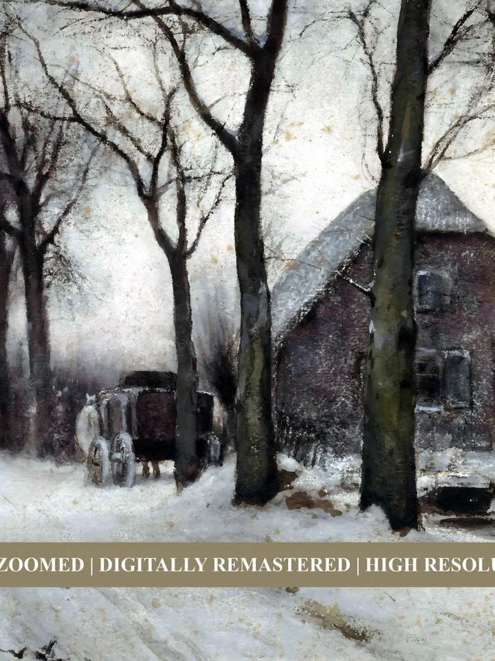 Vintage Winter Landscape With a Farm Painting, Moody Holiday Wall Decor, Printable Digital Download | 353