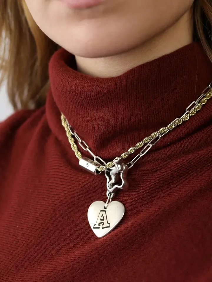 Personalized Gifts For Her, Initial Necklace Personalized, Dainty Letter Heart Necklace, Layered Chain Paperclip Choker Custom Engraving