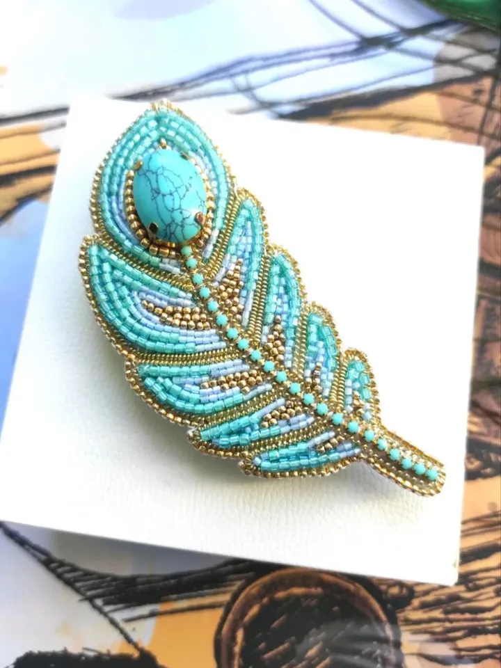Feather brooch, turquoise brooch, brooch pin, beaded brooch, mothers day, gift for friend, handmade gifts, brooch, pin