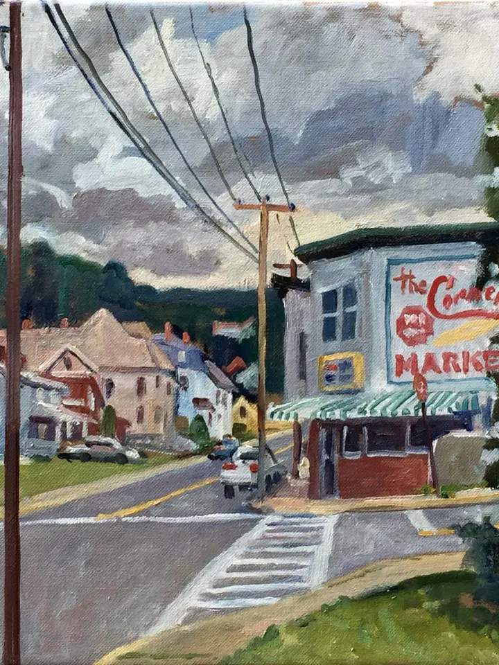 Original Berkshires Landscape Painting - Corner Market- 14x14 Oil on Canvas, American Plein Air Impressionist Cityscape, Signed Original