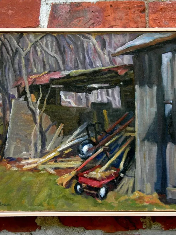 14x18 Landscape Painting -Old Shed/Radio Flyer- Oil on Canvas, Plein Air Contemporary Impressionist Oil, Signed Original Realist Fine Art