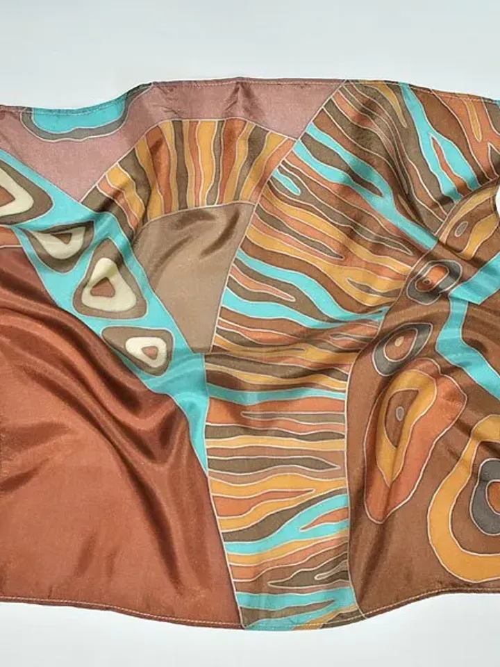 Brown with turquoise silk scarf hand painted batik Small square silk scarves