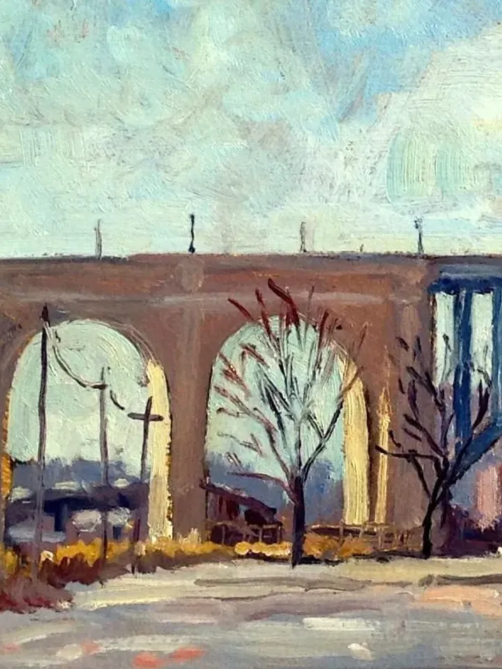 Original New York Landscape Painting -High Bridge/Winter Light NYC- 12x20 Oil on Panel, Urban Industrial Realist Fine Art, Signed Original