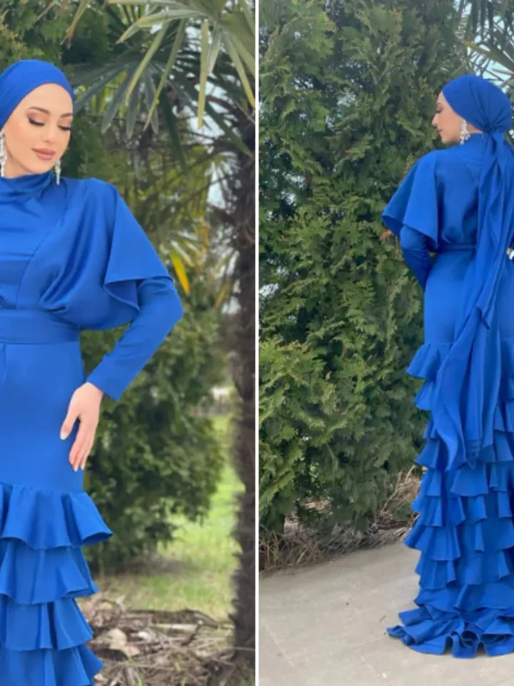 AHUNARE HIJAB - Asude Blue Satin Frilly Mermaid Wedding Dress, Muslim Evening Gown, Nikah, Islamic Wedding, Engagement, Bridesmaid,