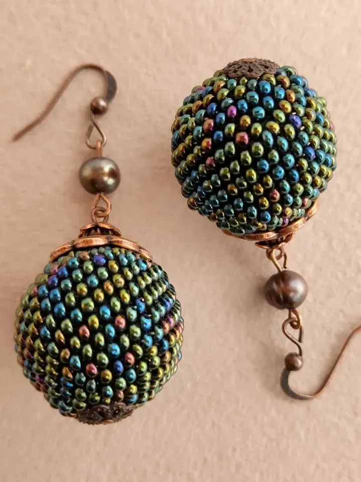 Green earrings balls with pearls earrings beaded earrings dangling drop earrings