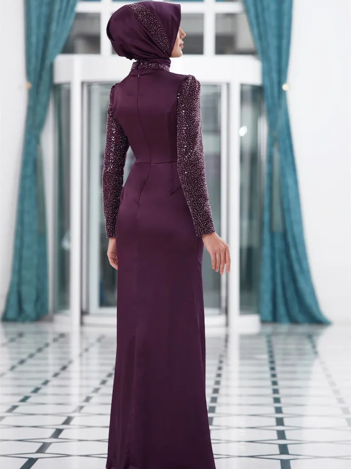 AHUNARE HIJAB - Berra Plum Satin Wedding Dress, Muslim Evening Gown, Nikah, Islamic Wedding, Engagement, Bridesmaid,