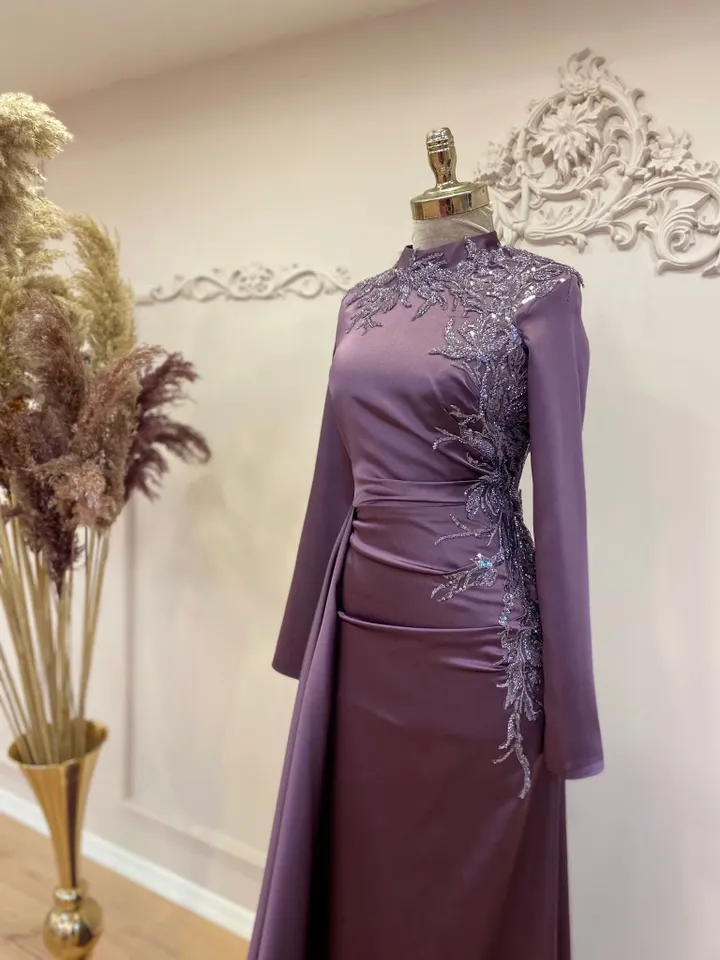 Eda Purple Satin Embroidered Side-Tailed Wedding Dress, Muslim Evening Gown, Nikah, Islamic Wedding, Engagement, Bridesmaid, Maxi Dress