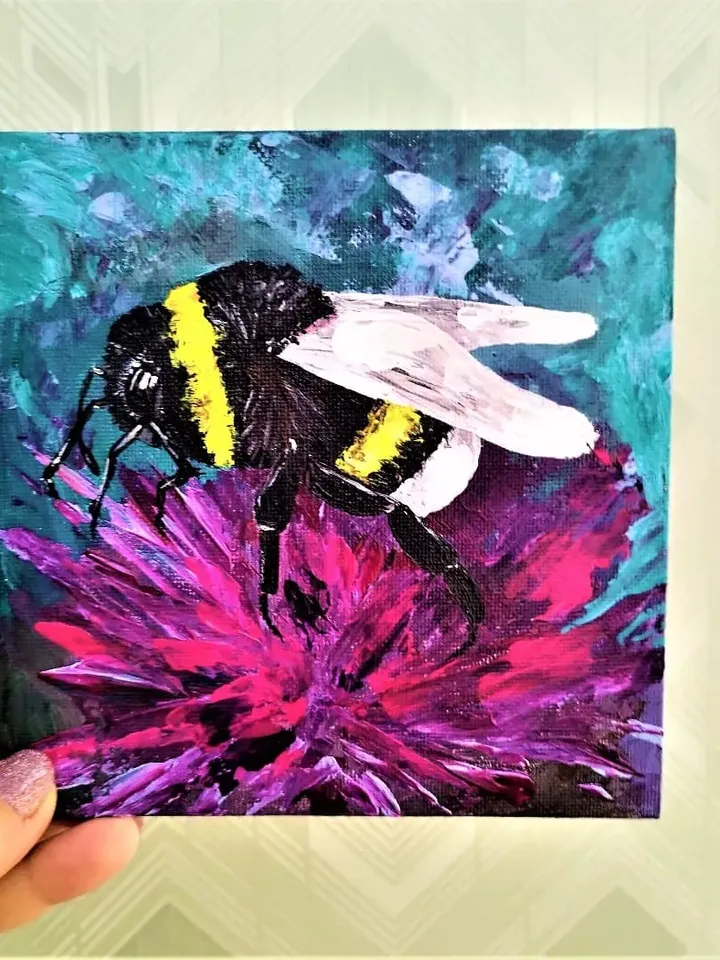 Bumblebee wall art painting insect artwork aster flower pink