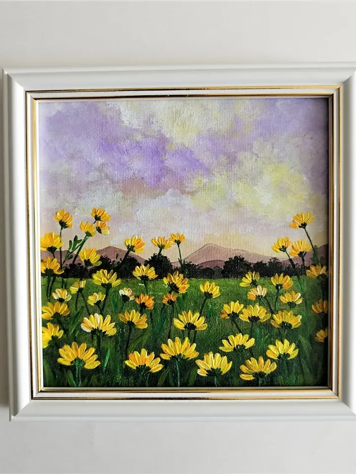 Acrylic Painting of a Landscape Sunset Field of Yellow Daisies