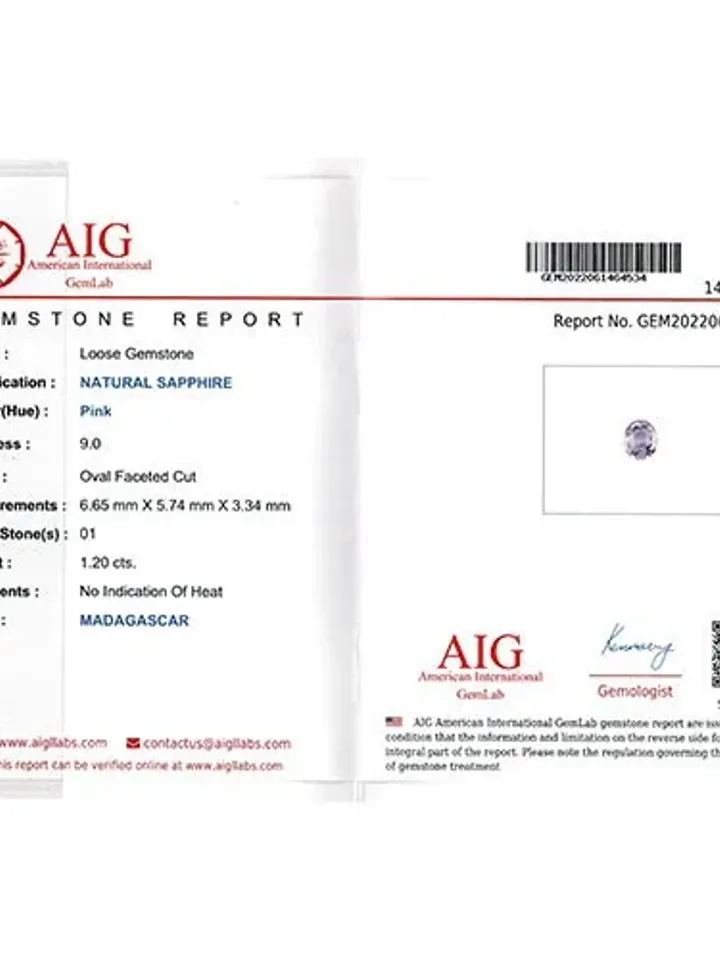 1.20 CT AIG Certified Superb Unheated 100% Natural Pink Sapphire Madagascar