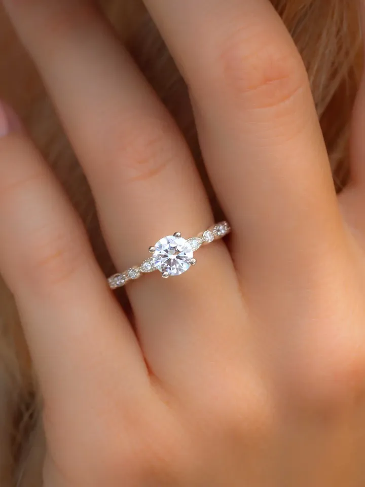 DAINTY DIAMOND RING | Round Cut Moissanite Diamond Ring Band | Modern Custom Wedding Rings | 14k Solid White Gold Ring For Anniversary