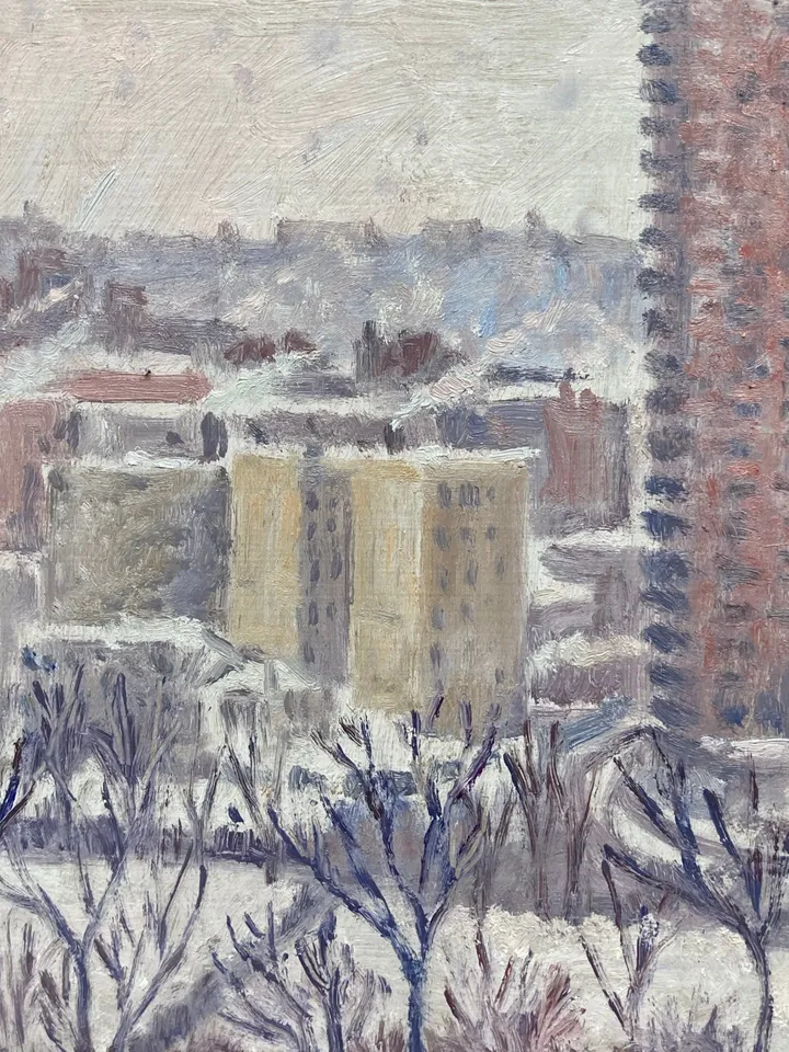 Original New York Winter Cityscape Painting - Snow Storm/Bronx NYC - 8x8 Oil on panel, Urban Impressionist Landscape, American Fine Art