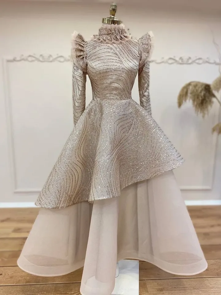 AHUNARE HIJAB - Sultan Gold Frilly Embroidered Wedding Dress, Muslim Evening Gown, Nikah, Islamic Wedding, Engagement, Bridesmaid,