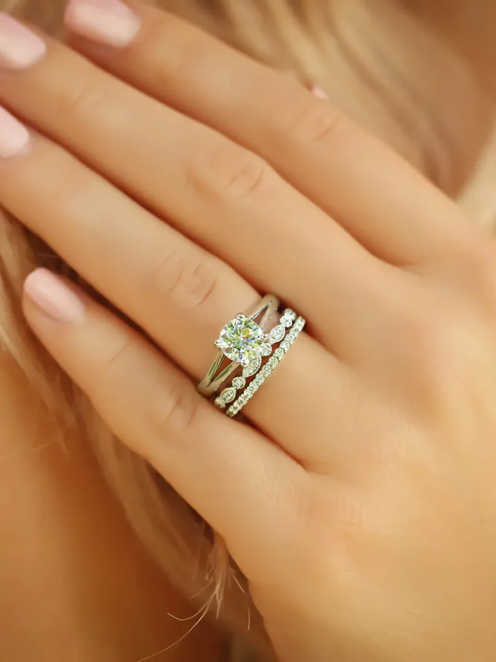 ROUND CUT RING | Round Cut Diamond Ring Band Set | White Diamond Wedding Ring Set | Art Deco Jewelry | Handmade 14k Gold Ring Band Set