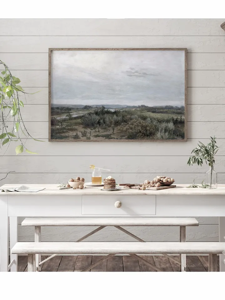 East landscape Oil Painting, Vintage Art Print, Muted Green Farmhouse Wall Decor, Printable Downloadable | 233
