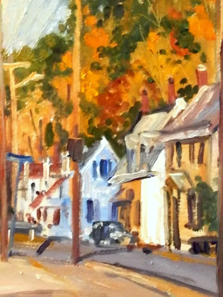 10x20 Autumn Landscape Painting -Houses and Poles/Berkshires- Oil on Panel, American Plein Air Impressionist Fine Art, Signed Original