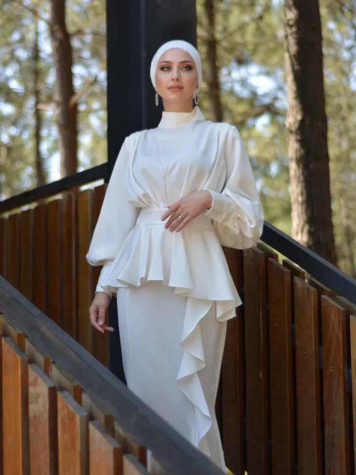 AHUNARE HIJAB - Lina White Satin Wedding Dress, Muslim Evening Gown, Nikah, Islamic Wedding, Engagement, Bridesmaid,