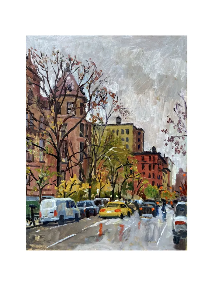 Rainy New York Cityscape Painting -Down Columbus/Natural History Museum/NYC- 12x16 Oil on Panel, Impressionist Landscape, Signed Original