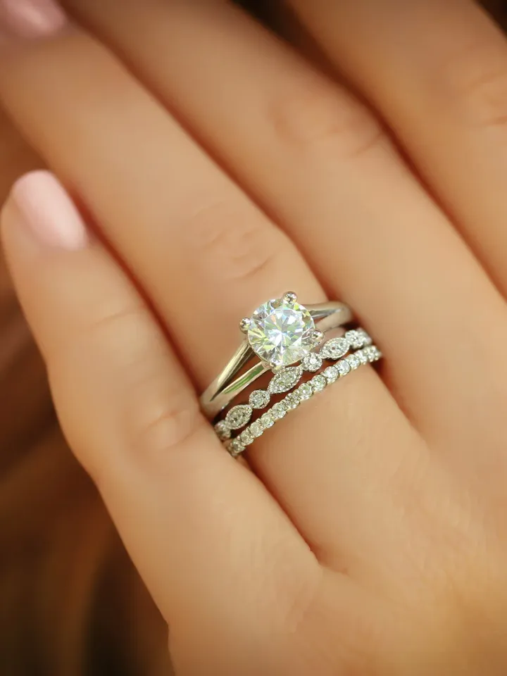 ROUND CUT RING | Round Cut Diamond Ring Band Set | White Diamond Wedding Ring Set | Art Deco Jewelry | Handmade 14k Gold Ring Band Set