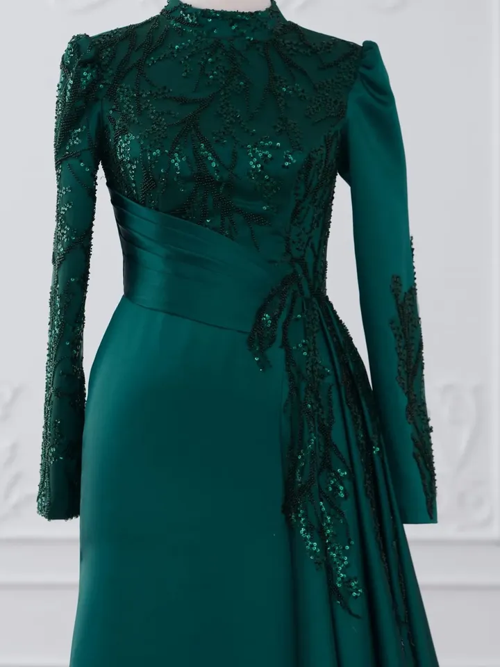 Tılsım Ahunare Green Satin Wedding Dress, Muslim Evening Gown, Nikah, Islamic Wedding, Engagement, Bridesmaid, Maxi Dress