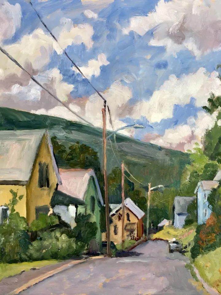 Impressionist Landscape Painting -American Street/Summertime-12x12 Oil on Panel, Plein Air Street Scene, Signed Original Berkshires Fine Art