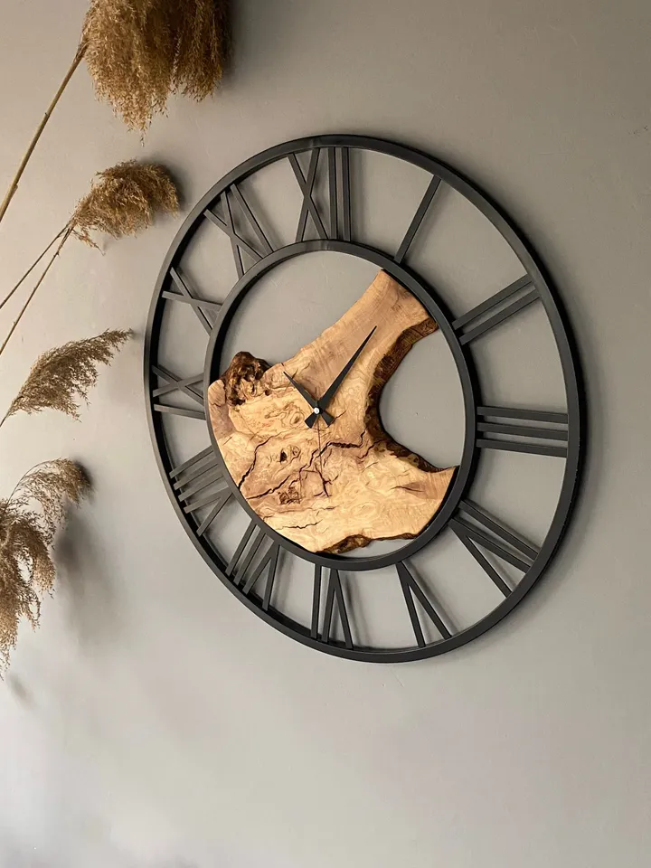 Metal&Olive Wood Wall Clock, 28"(70cm) Unique Wall Clock, Wooden Wall Clock, Live Edge Wall Clock, Farmhouse Clock