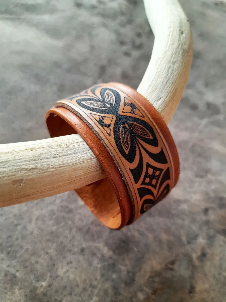 Ethnic Leather Bracelet, Native American Indian, Southwestern, Unisex, Gender Neutral, Full Grain Leather Cuff