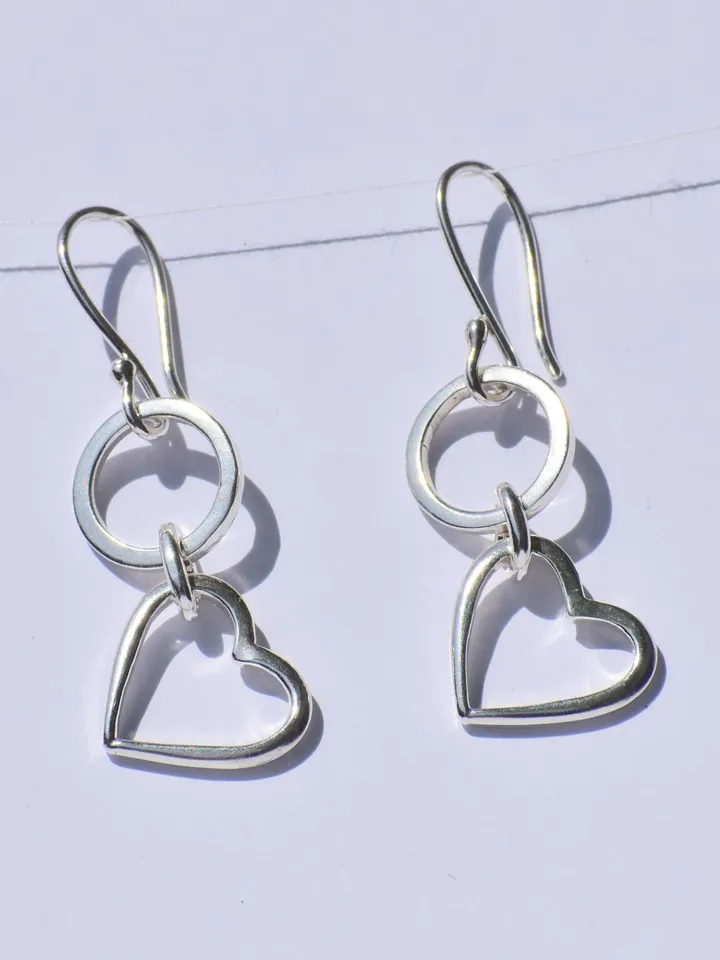 Heart Dangled Earrings, Silver Dangled Earrings, 925 Sterling Silver Earrings, Handmade Earrings, Earlope Earrings, Anniversary Gift For Her