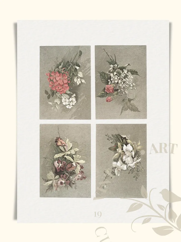 White Hydrangea Painting, Vintage Print Botanical Art, Orchids Geranium Antique Flower Printable Wall Decor, Digital | #37