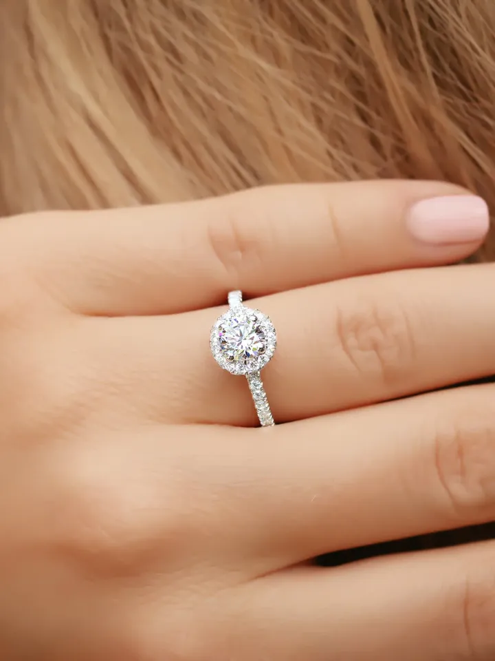 HALO MOISSANITE RING | 1.5 Ct Round Moissanite Engagement Ring | Minimalist Half Eternity Diamond Wedding Ring Band | Women Birthday Gift