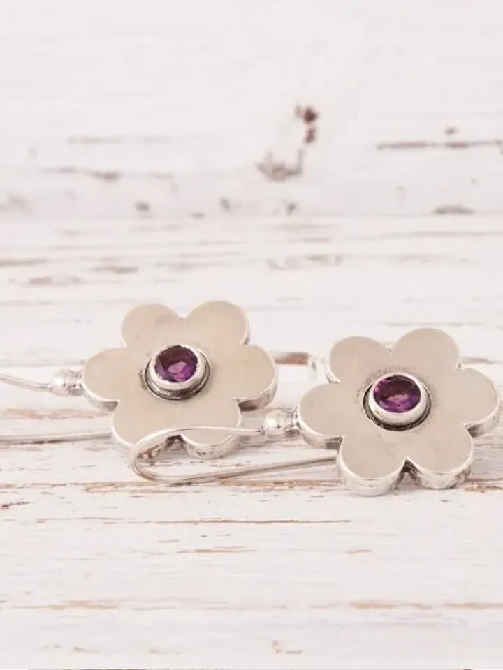 Sterling Silver Dangle Flower Earrings with Amethysts