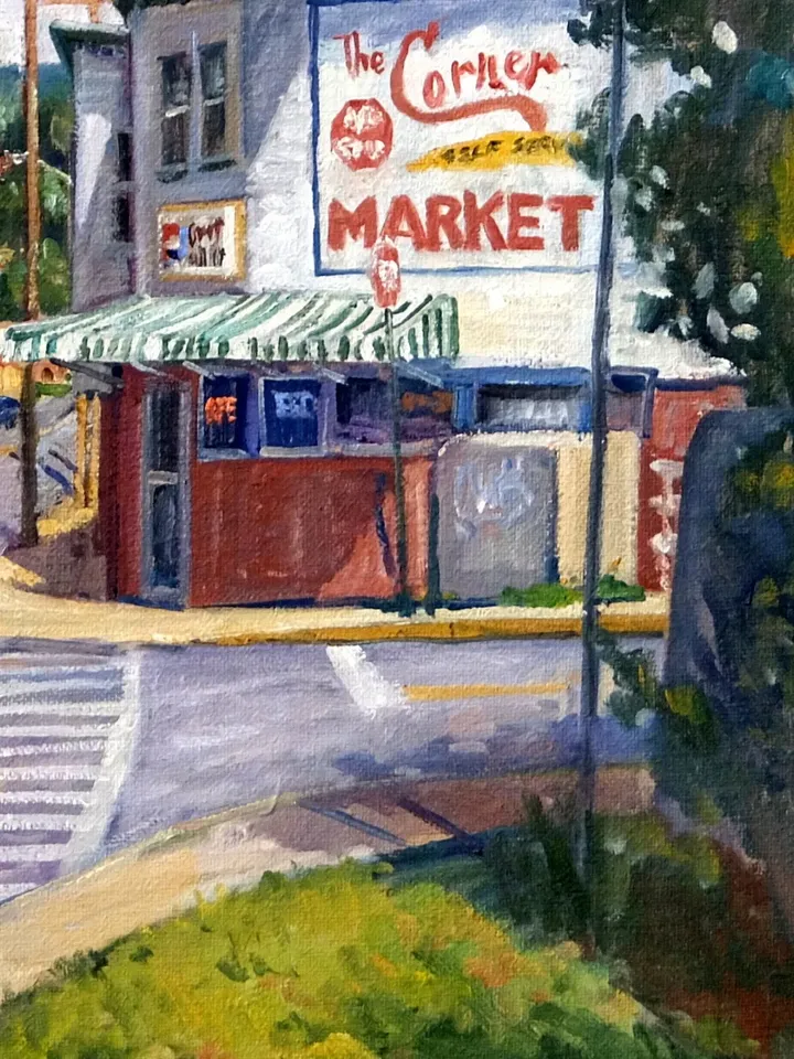 Large Original Landscape Painting -Corner Market/North Adams- 30x30 Oil on Canvas, Plein Air Impressionist Cityscape, Signed Original
