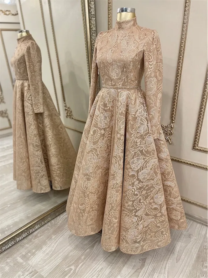 AHUNARE HIJAB - Burç Mink Lace Embroidered Wedding Dress, Muslim Evening Gown, Nikah, Islamic Wedding, Engagement, Bridesmaid,