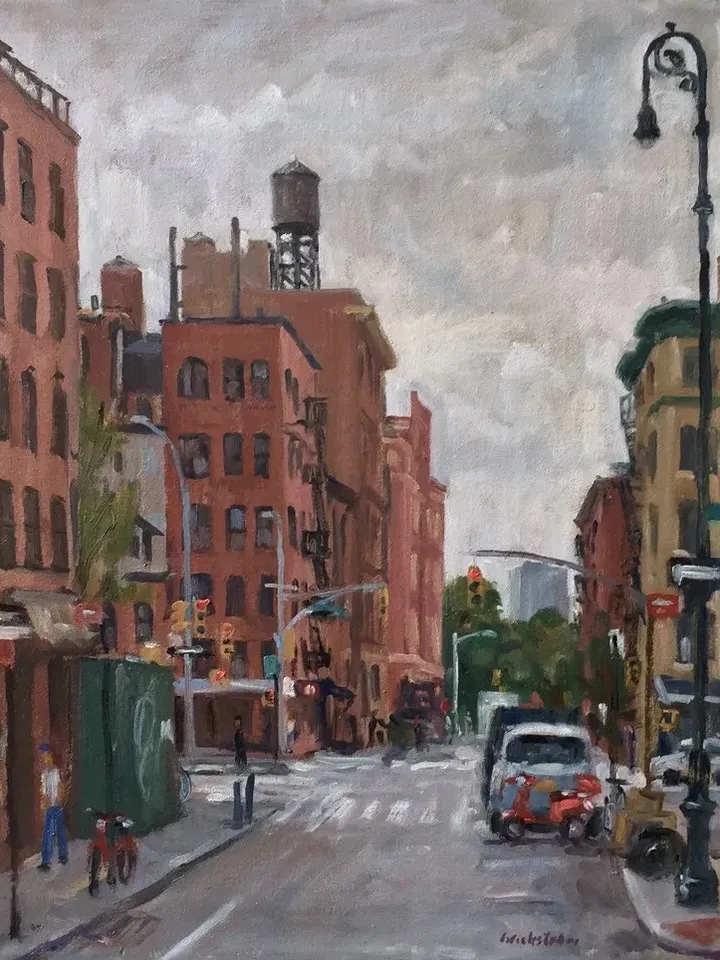 New York Cityscape Painting - Orchard and Rivington Street/NYC- 14x18 Oil on Canvas, Urban Impressionist Fine Art, Signed Original Landscape