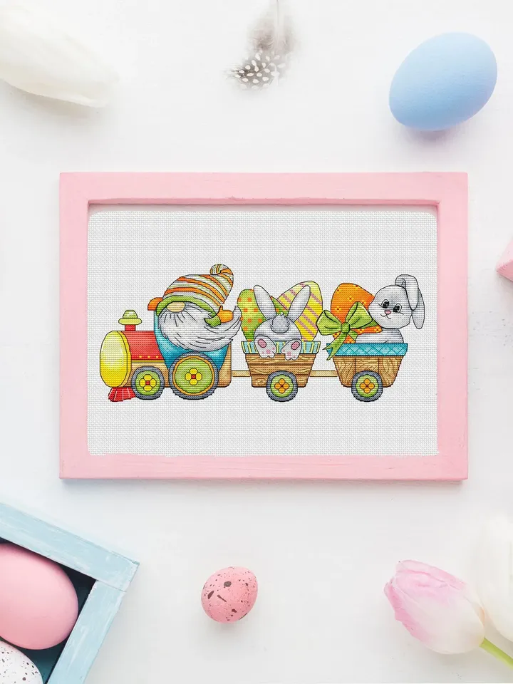 Easter Gnome Cross Stitch Pattern PDF, Easter Bunny Embroidery Pattern PDF, Modern cross stitch, Easter Train Cross Stitch Pdf Pattern
