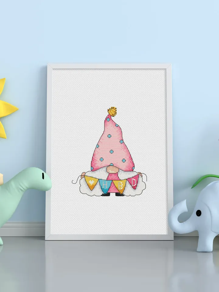 Birthday Gnome Cross Stitch Pattern, Watercolor Gnome Cross Stitch Pattern, Counted Blue Gnome Cross Stitch PDF Pattern