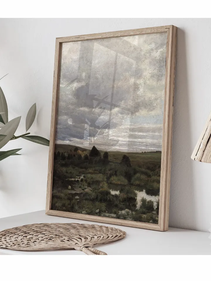 Dark Green Tonal Landscape, Vintage Painting, Printable Decor, Digital Download Wall Art | 405