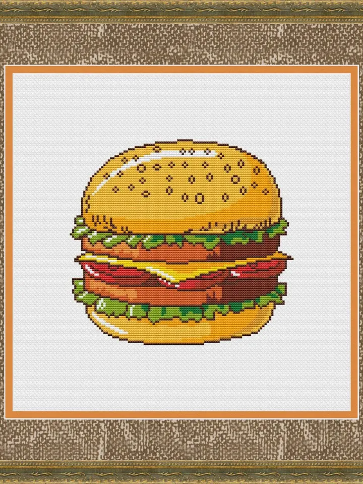 Hamburger Cross Stitch Pattern PDF, Burger Cross Stitch Pattern Modern, Fast food Xstitch Pattern