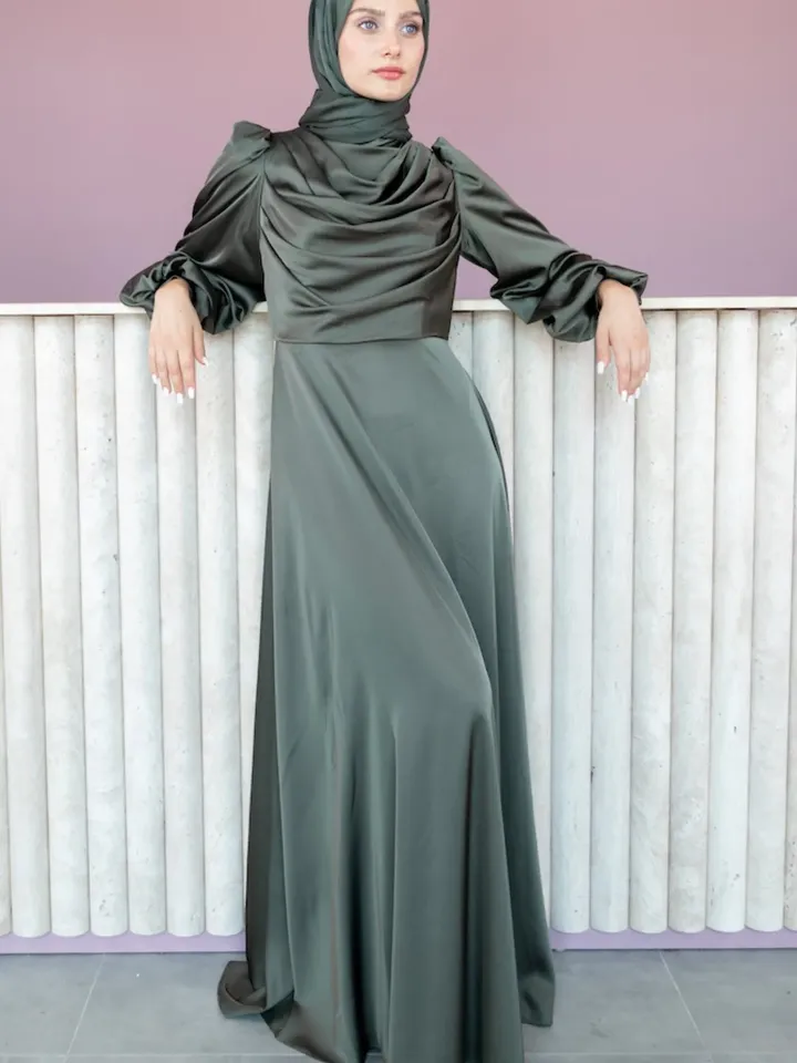 AHUNARE HIJAB - Selvi Dress, Satin Dress, Khaki Color, Muslim Evening Dress, Nikah, Wedding, Engagement, Bridesmaid, ,