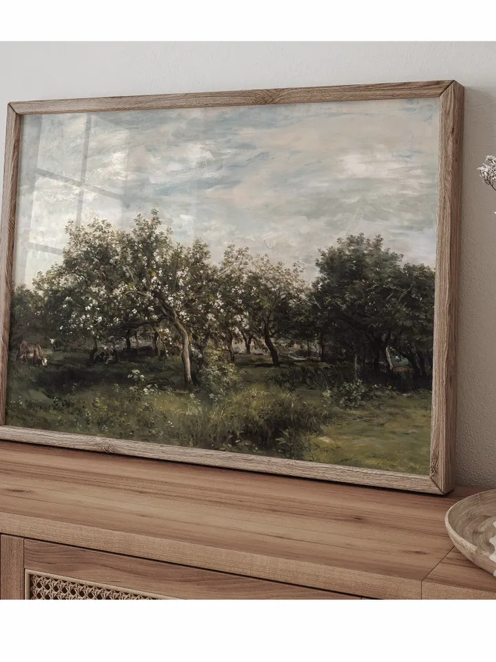 Apple Orchard Landscape, Vintage Art Print, Dark Green Country Painting, Printable Decor | 386