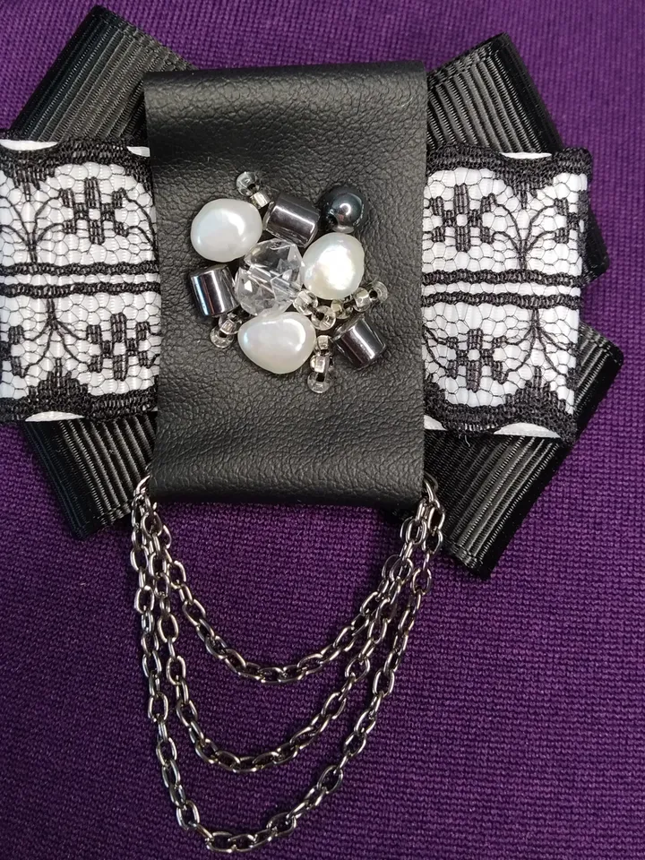 Goth bow tie brooch Black collar bow brooch Gothic bow tie pin with chain Victorian bow brooch