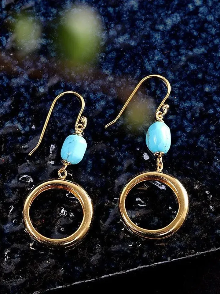 Turquoise Gold Hoop Earrings, Gemstone Hoop Earrings, Turquoise Dangle Hoop Earrings, Bohemian Hoop Earrings, Turquoise Hoop Drop Earrings