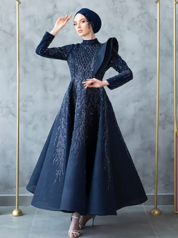AHUNARE HIJAB - Taçmina Navy Blue Handwork   Wedding Dress, Muslim Evening Gown, Nikah, Islamic Wedding, Engagement, Bridesmaid,