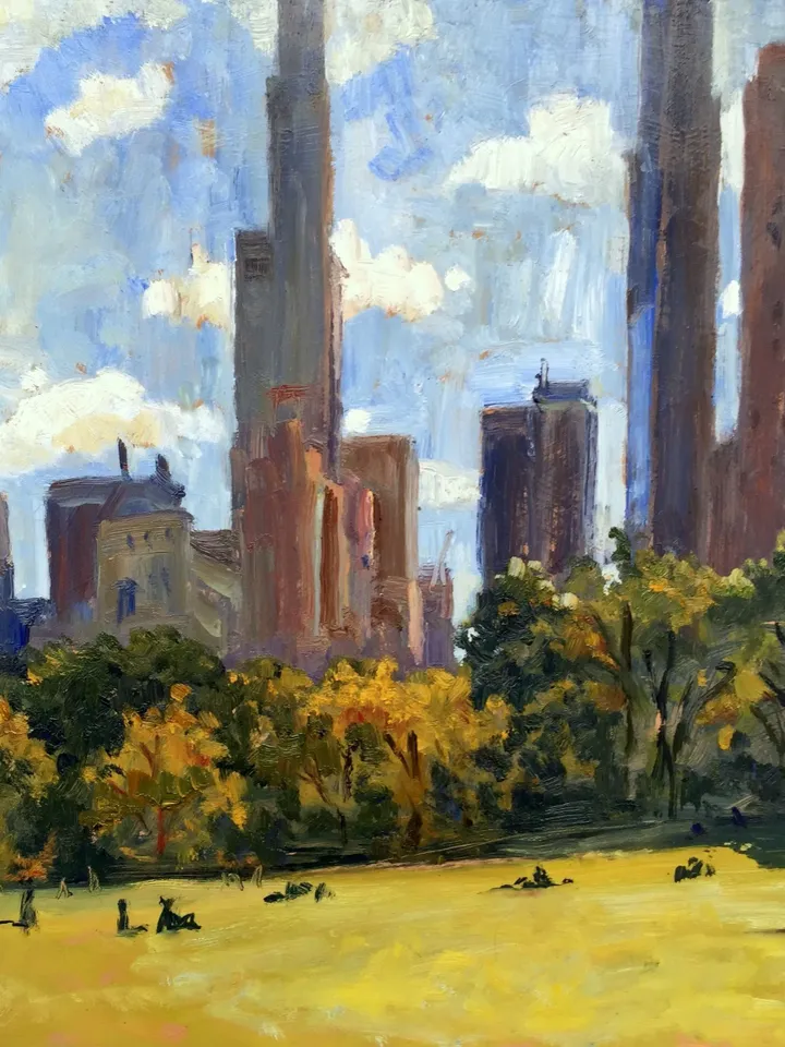 Original 12x12 New York Landscape Painting - NYC Skyline from the Sheep Meadow/Central Park- Oil on Panel, Plein Air Impressionism