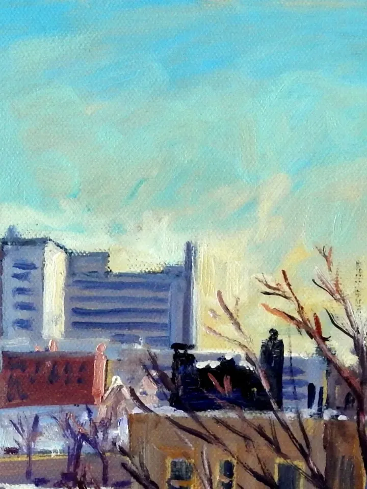 Original New York Cityscape Painting - Cool Snow/NYC- 11x14 Oil on Canvas, American Realist Snowy Winter Landscape, Signed Original Fine Art