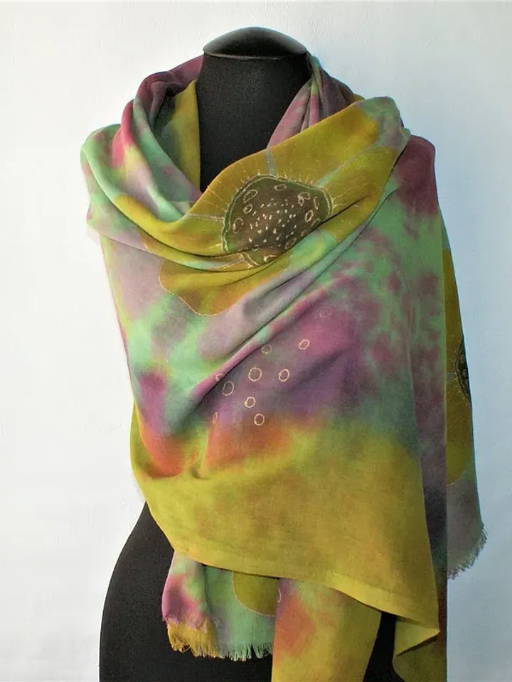 Green yellow cotton floral scarf Womens cotton long scarf Hand dyed scarf
