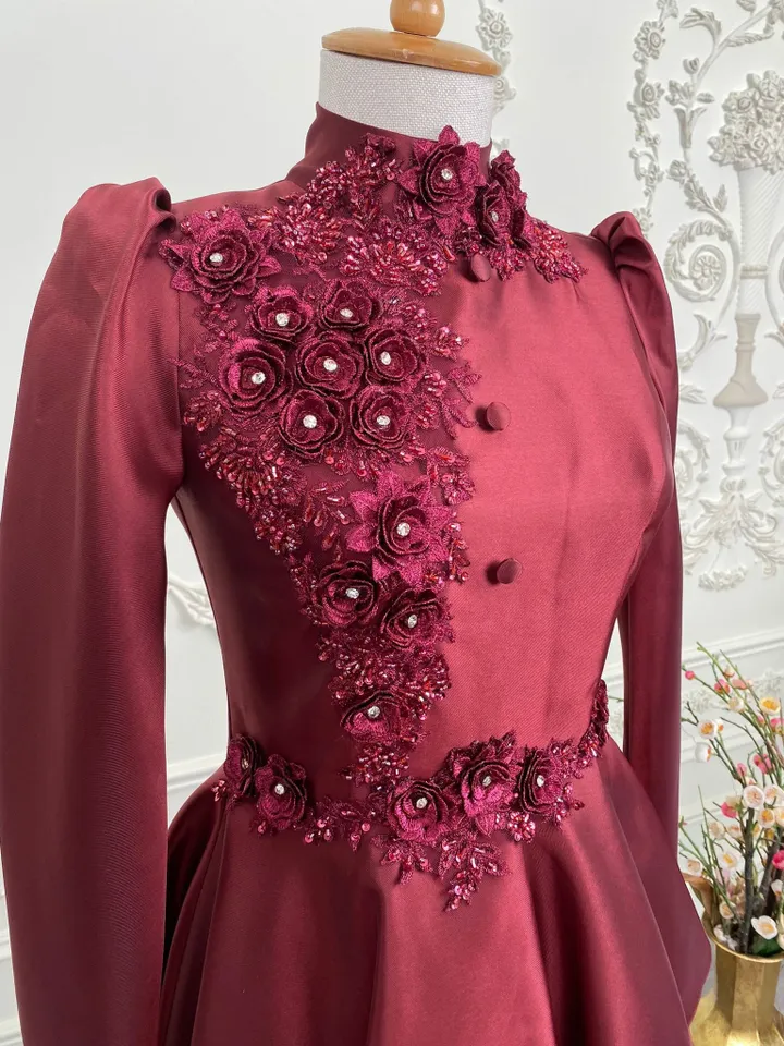 AHUNARE HIJAB - İnci Burgundy Embroidered Satin Wedding Dress, Muslim Evening Gown, Nikah, Islamic Wedding, Engagement, Bridesmaid,