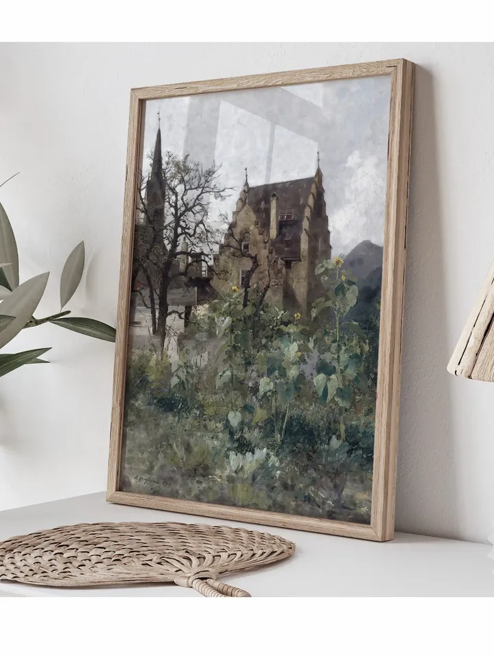 Sunflowers In The Yard Oil Painting, Vintage Art Print, Cottagecore Decor, Farmhouse Printable Wall Art Downloadable | 137