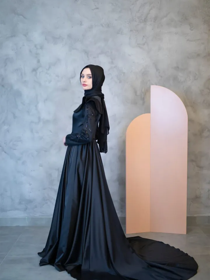 AHUNARE HIJAB - Mahra Black Satin Wedding Dress, Muslim Evening Gown, Nikah, Islamic Wedding, Engagement, Bridesmaid,