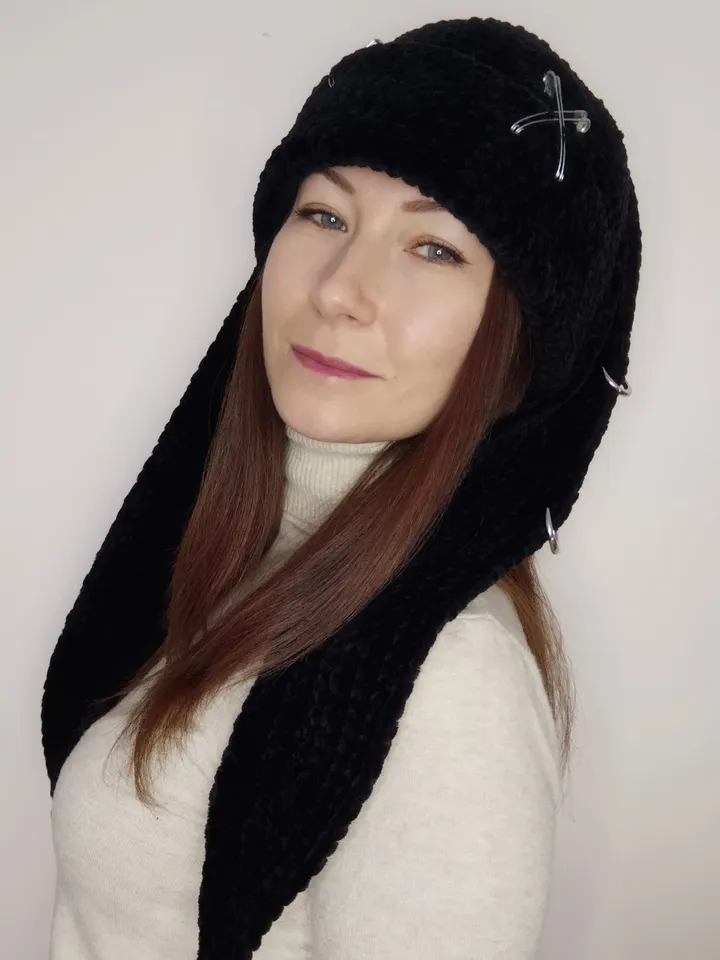Fluffy bunny hat goth with long ears Black bunny beanie hand knit Plush bunny hat adults
